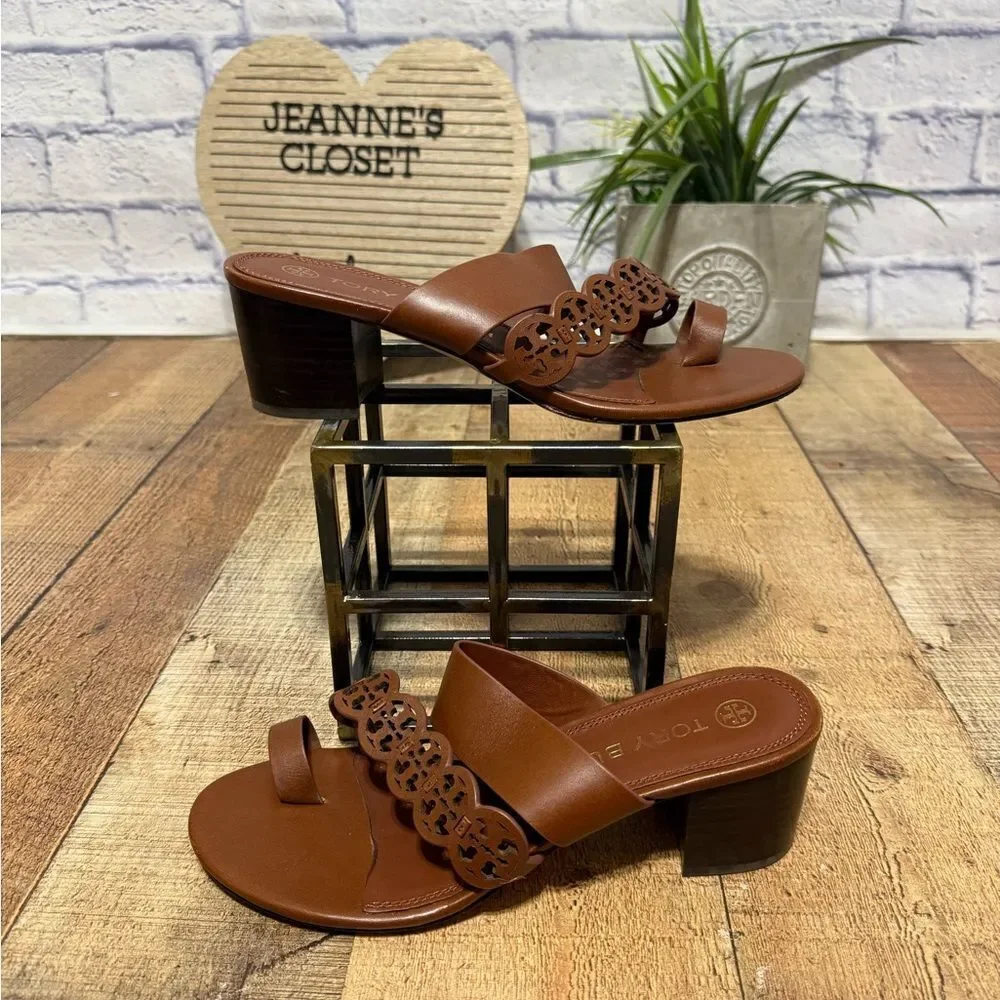Tory Burch Tiny Miller Toe Ring High Block Sandals size 9 brown leather